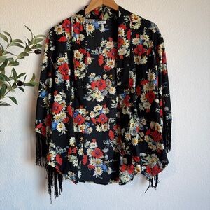 Marisol Black Floral Print Fringe Kimono Cardigan Boho Festival Layer Size Small